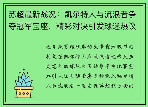 苏超最新战况：凯尔特人与流浪者争夺冠军宝座，精彩对决引发球迷热议