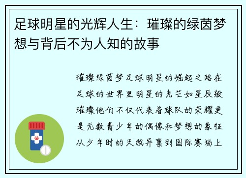足球明星的光辉人生：璀璨的绿茵梦想与背后不为人知的故事