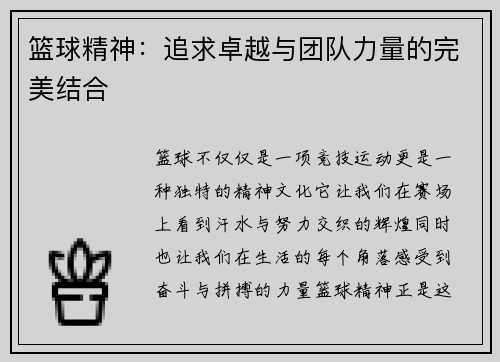 篮球精神：追求卓越与团队力量的完美结合